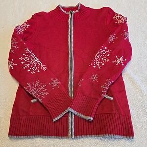 Christopher & Banks Red/Snowflakes Full-Zip Cardigan Sweater Women's Size M